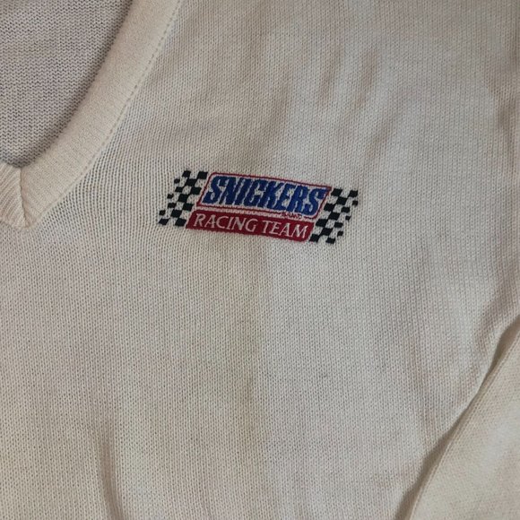 VTG DEADSTOCK Rare Velva Sheen Ivory Cream Snickers Racing V-Neck Sweater Sz XL - Picture 6 of 16